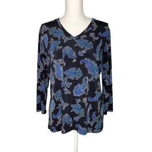 White Stag Blue Black Floral Paisley V-Neck Jersey Blouse Top Medium